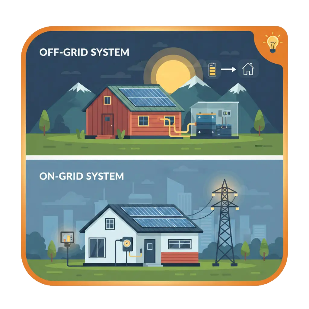 Off-grid ve On-grid Güneş Enerjisi Sistemleri Karşılaştırma Şeması